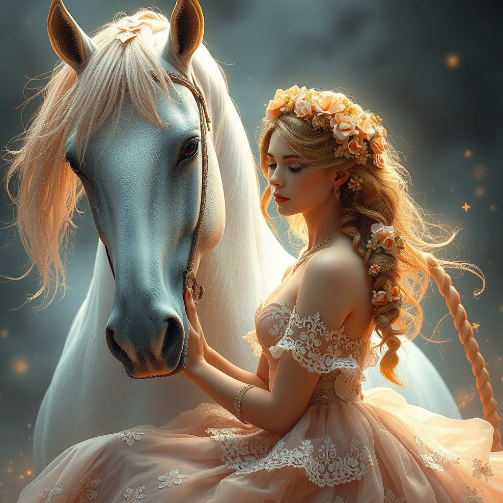 Ethereal Flower Girl with White Horse Portrait