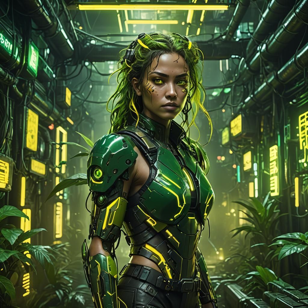 Glowing Jungle Woman Hybrid in Cyberpunk Style