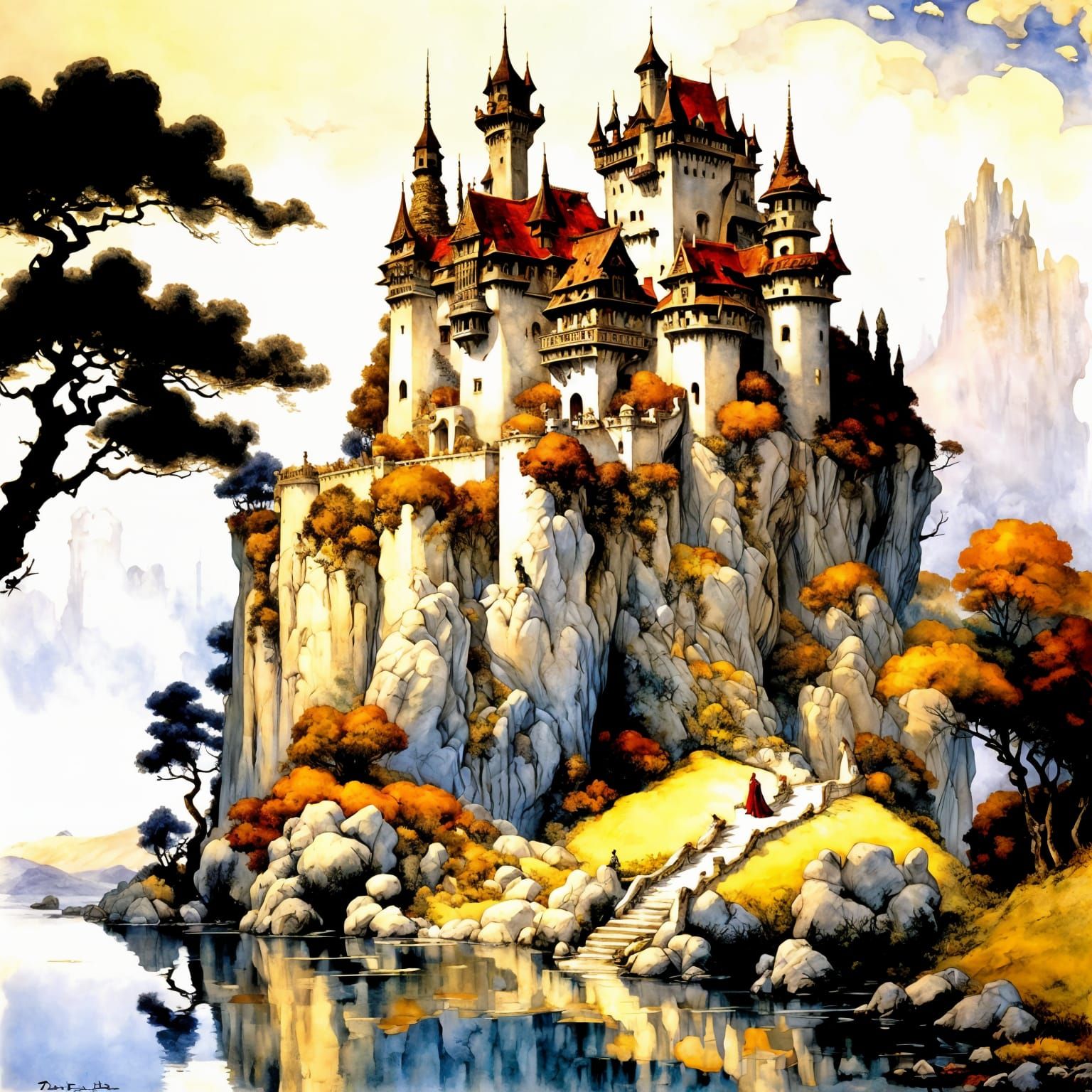 Fantasy castle, fantasy landscape,  by arthur rackham, edmun...