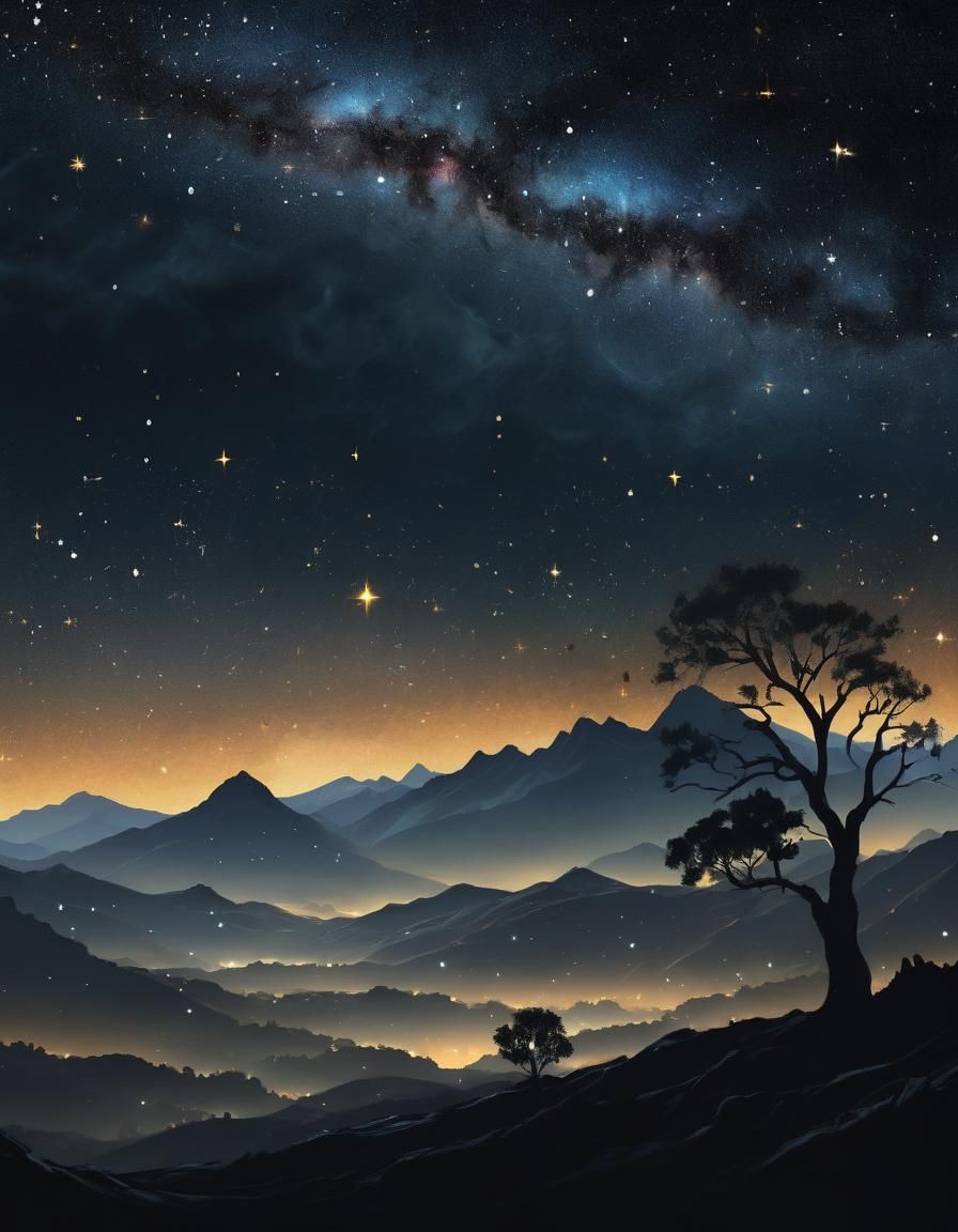 Silhouette Landscape with Astral Starscape in Digital Oil