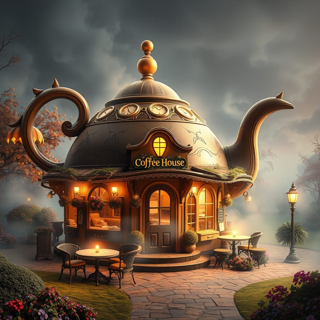 Whimsical Kettle Coffee House in Fantastical Landscape