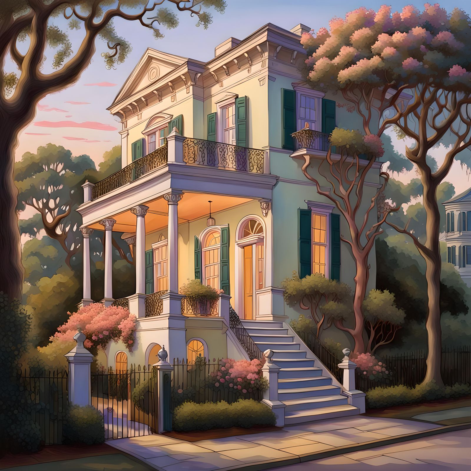 Colorful Charleston Villa Facade in Gouache Style