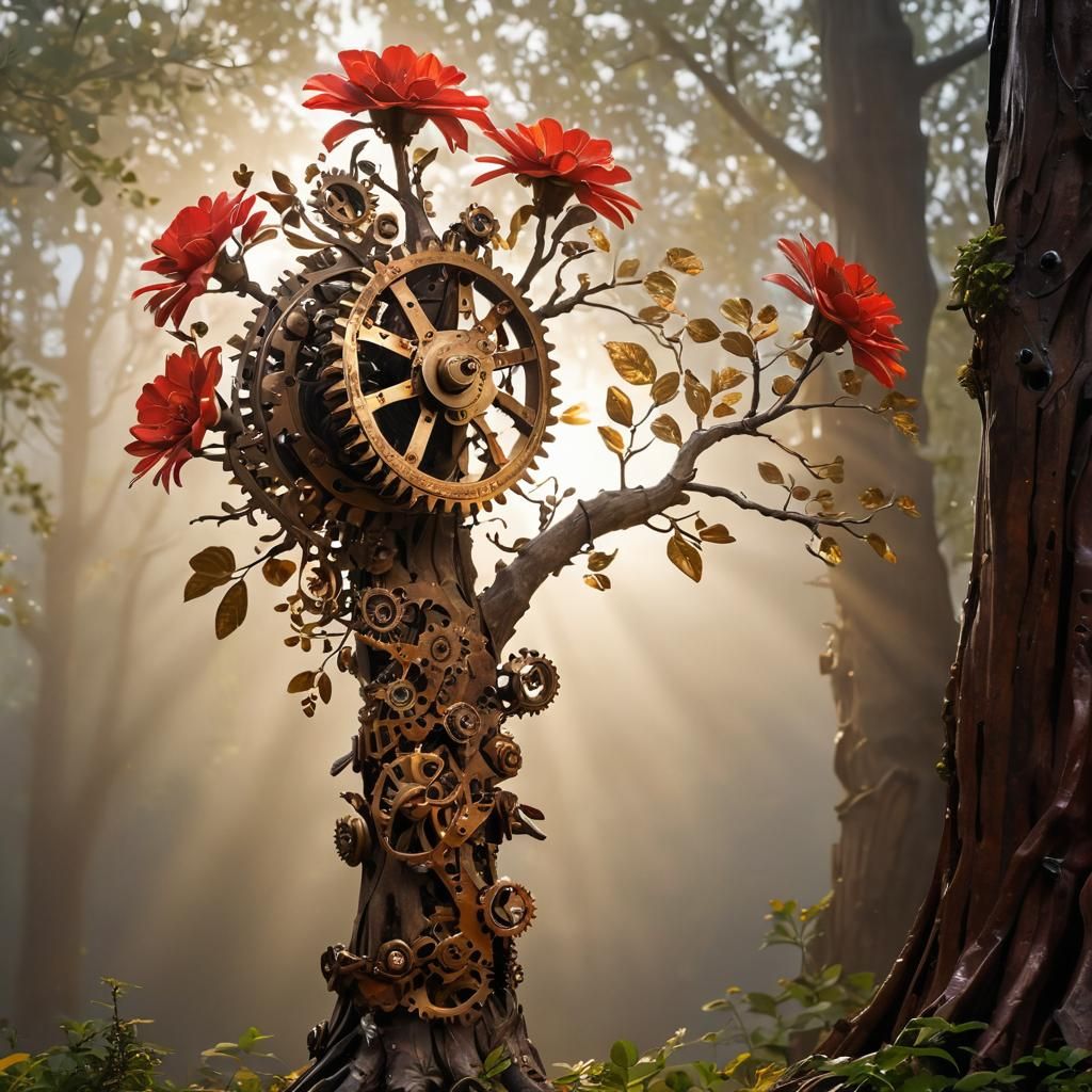 Steampunk Botanical Marvel with Copper Filigree and Vibrant...