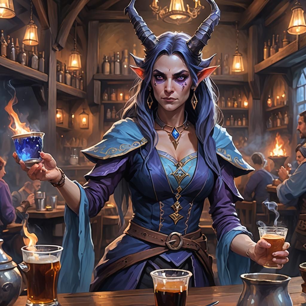 Tiefling Mage in Tavern: 8k Digital Art