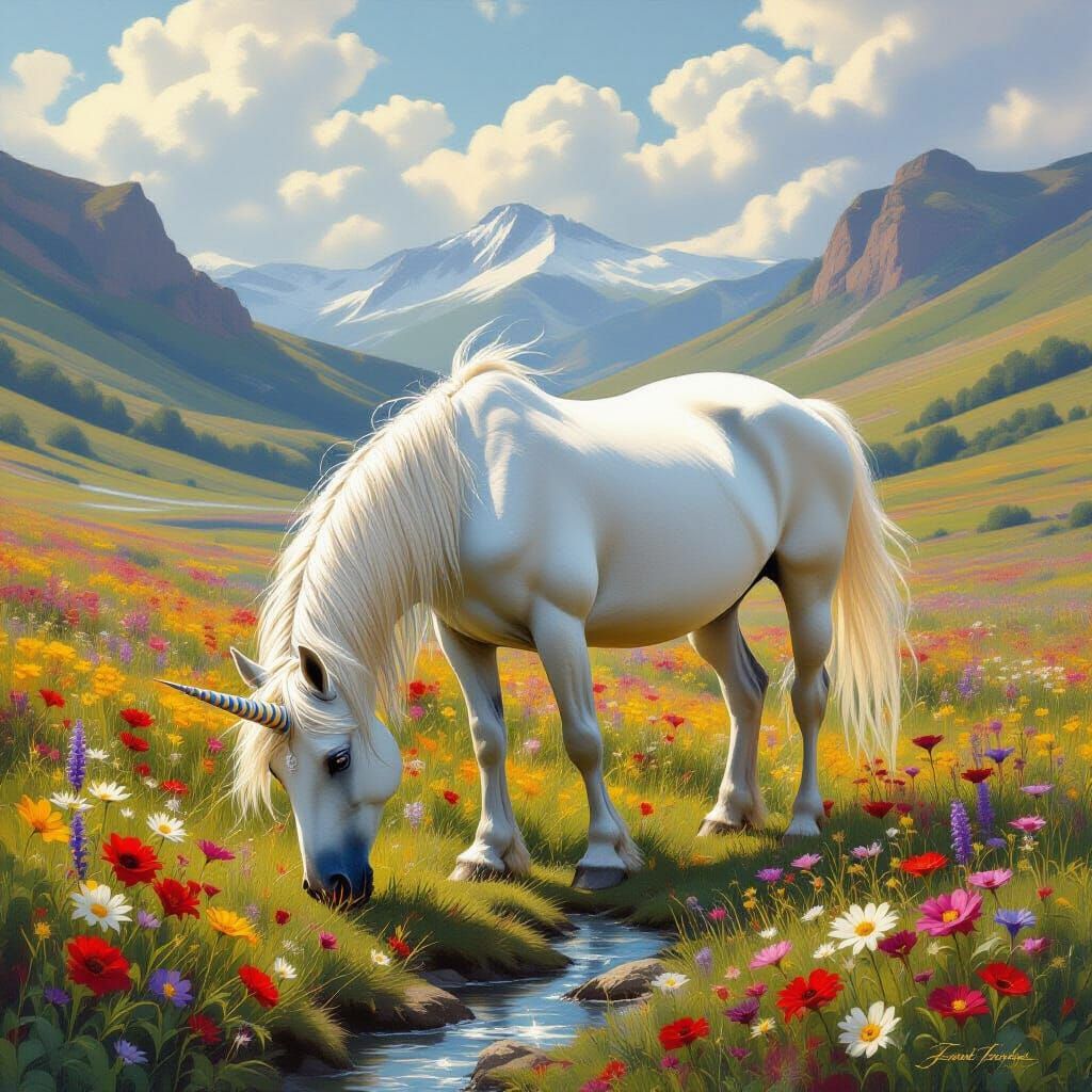 Unicorn Grazing in Meadow, Ethereal Renaissance Style