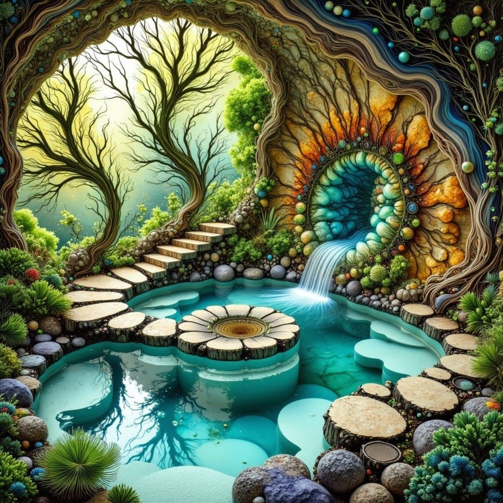 Solarpunk Bathhouse in Vibrant Garden Oasis