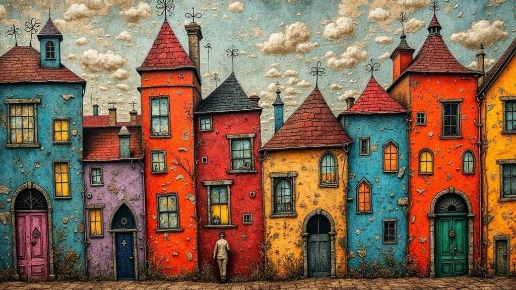 Surreal Joy Town in Naive Folk Art Style