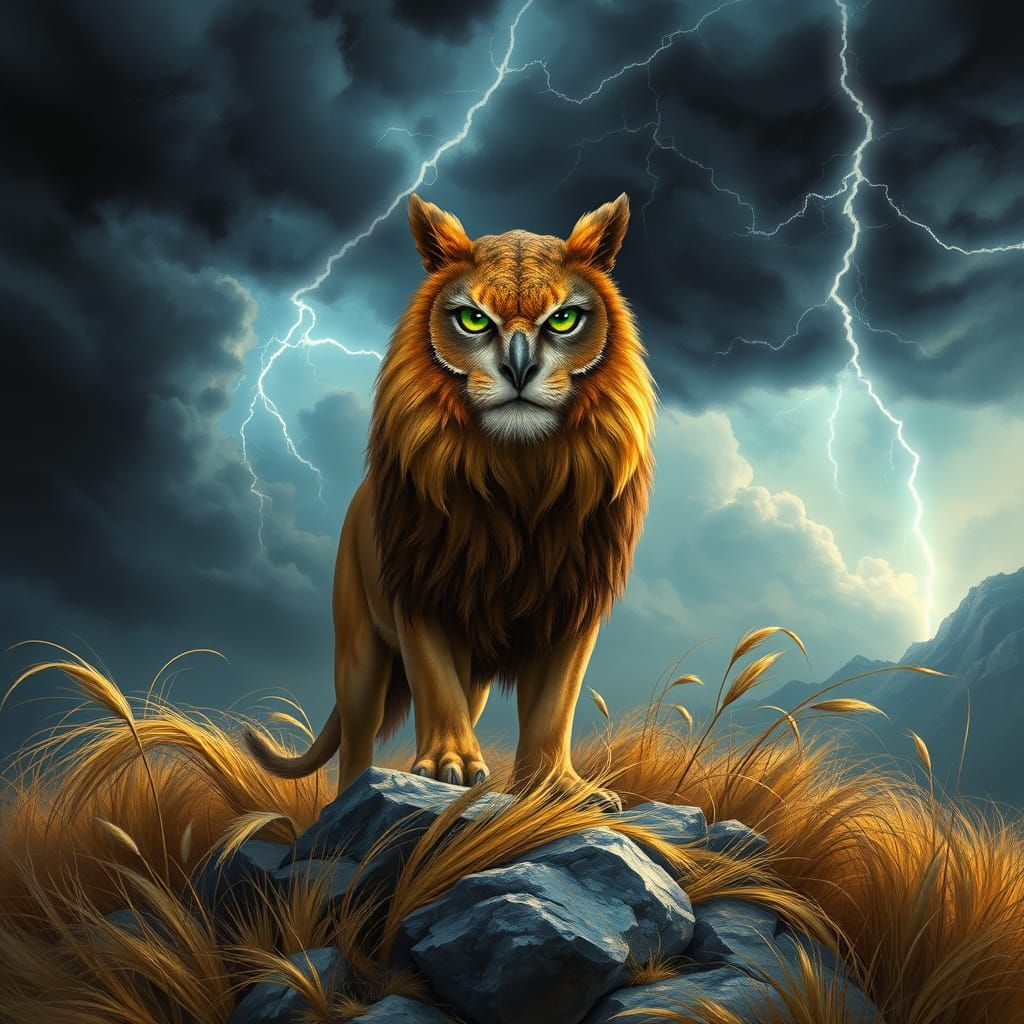 Regal Lion Owl Hybrid in Hyperrealistic Storm Landscape