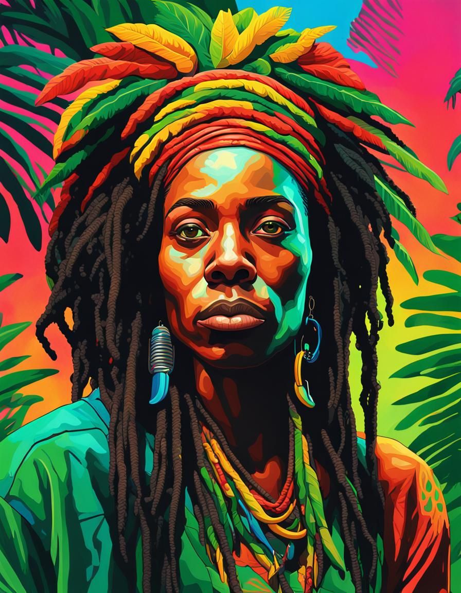 Jamaican Woman Portrait in Tropical Splash Art Style