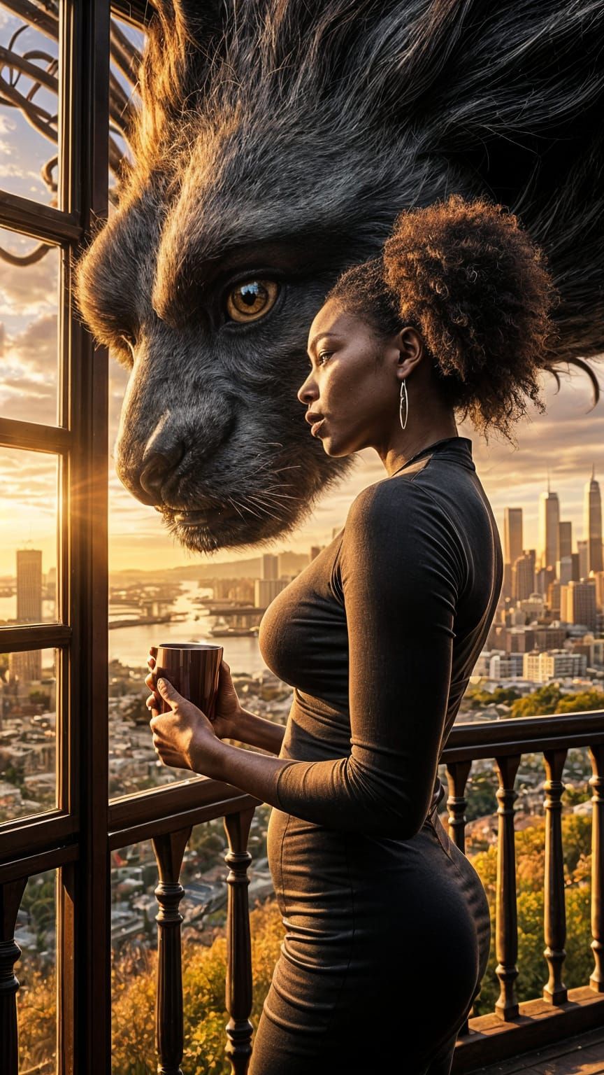 Powerful Woman Confronts Grotesque Creature in Cityscape