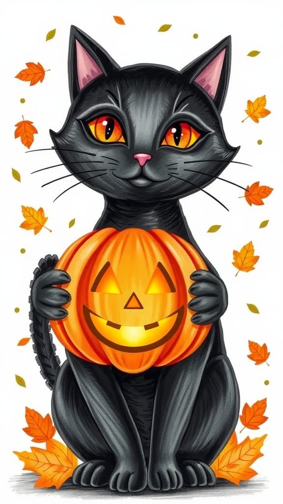 Halloween Black Cat Drawing with Fall Leaves