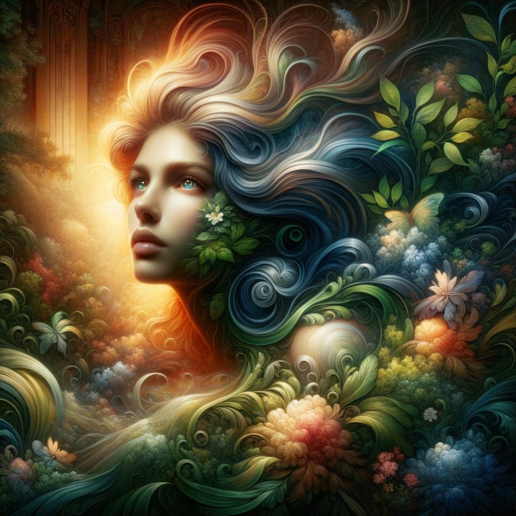 Mystical Woman Portrait with Waterfall Hair