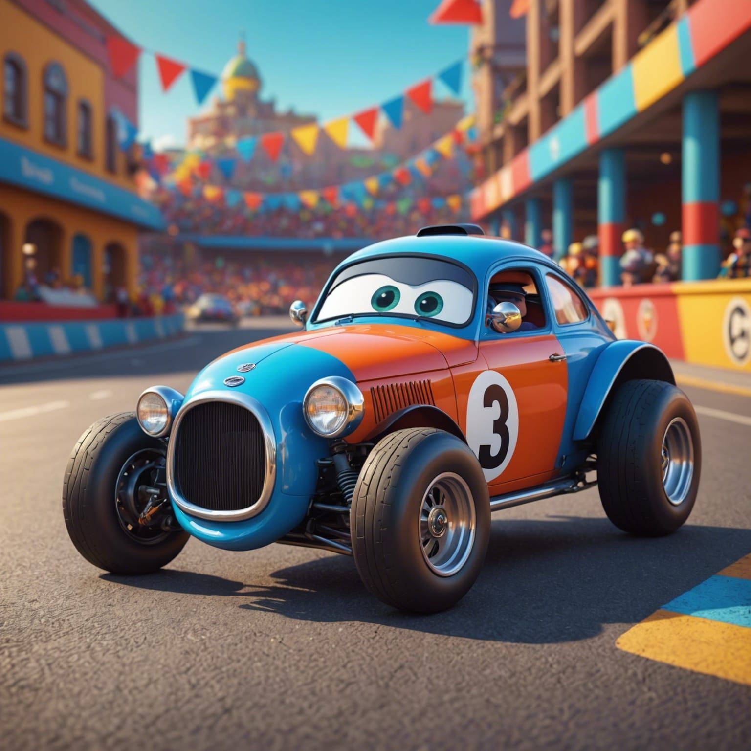 Funny Race Car with Googly Eyes in 3D