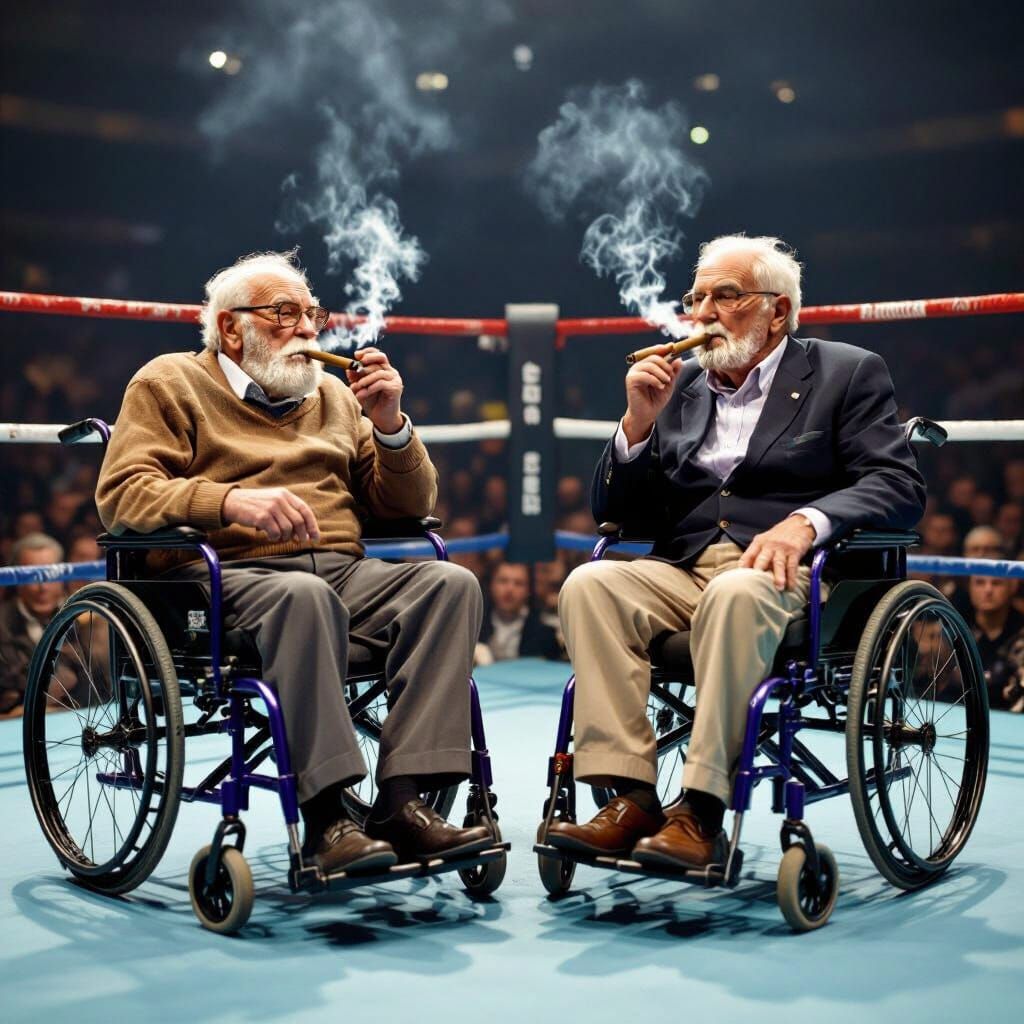 Two Old Men in Wheelchairs in a Boxing Match