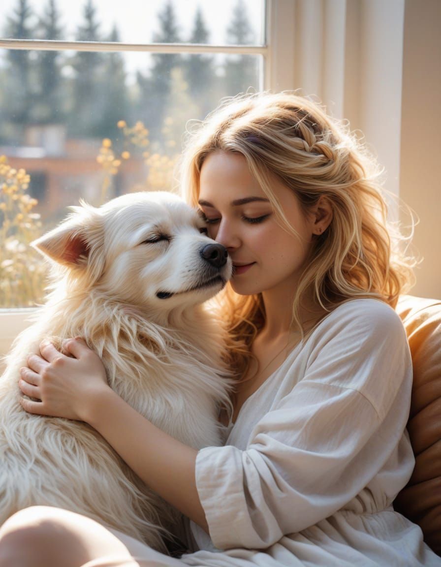Watercolor Art of Intimate Moment between Dog and Girl