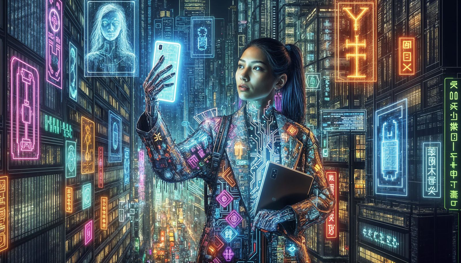 Cyberpunk Reflection: Futuristic Selfie in Neon Cityscape