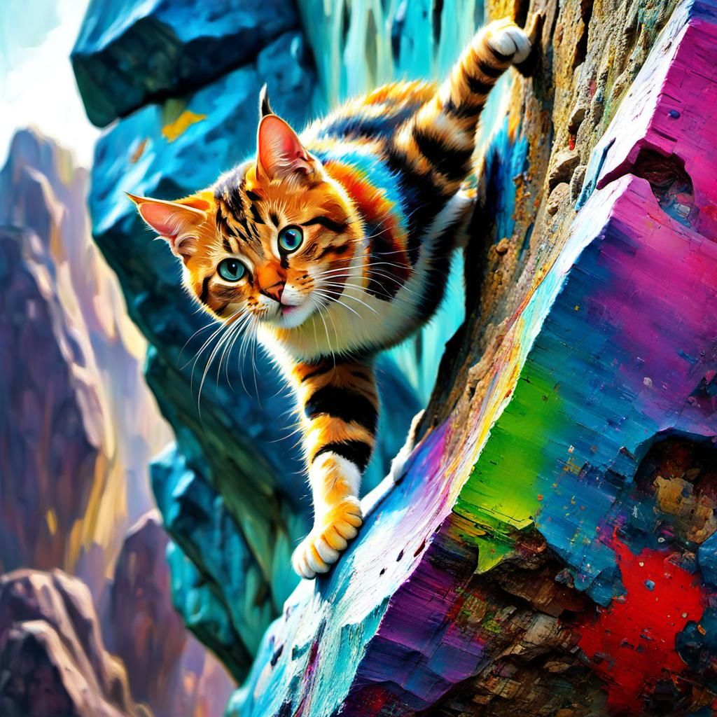 Cute Cat Bouldering as Tachisme Painting