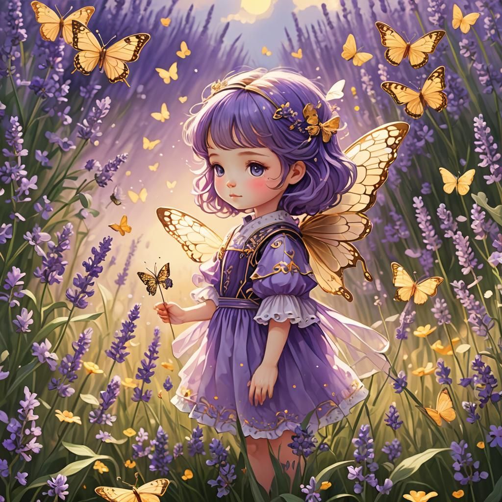 Chibi Lavender Field Butterfly in Klimt Style