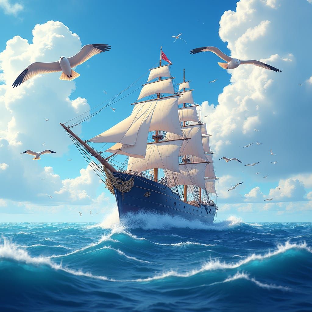 Majestic Big Ship Amid Turbulent Waves and Soaring Albatros