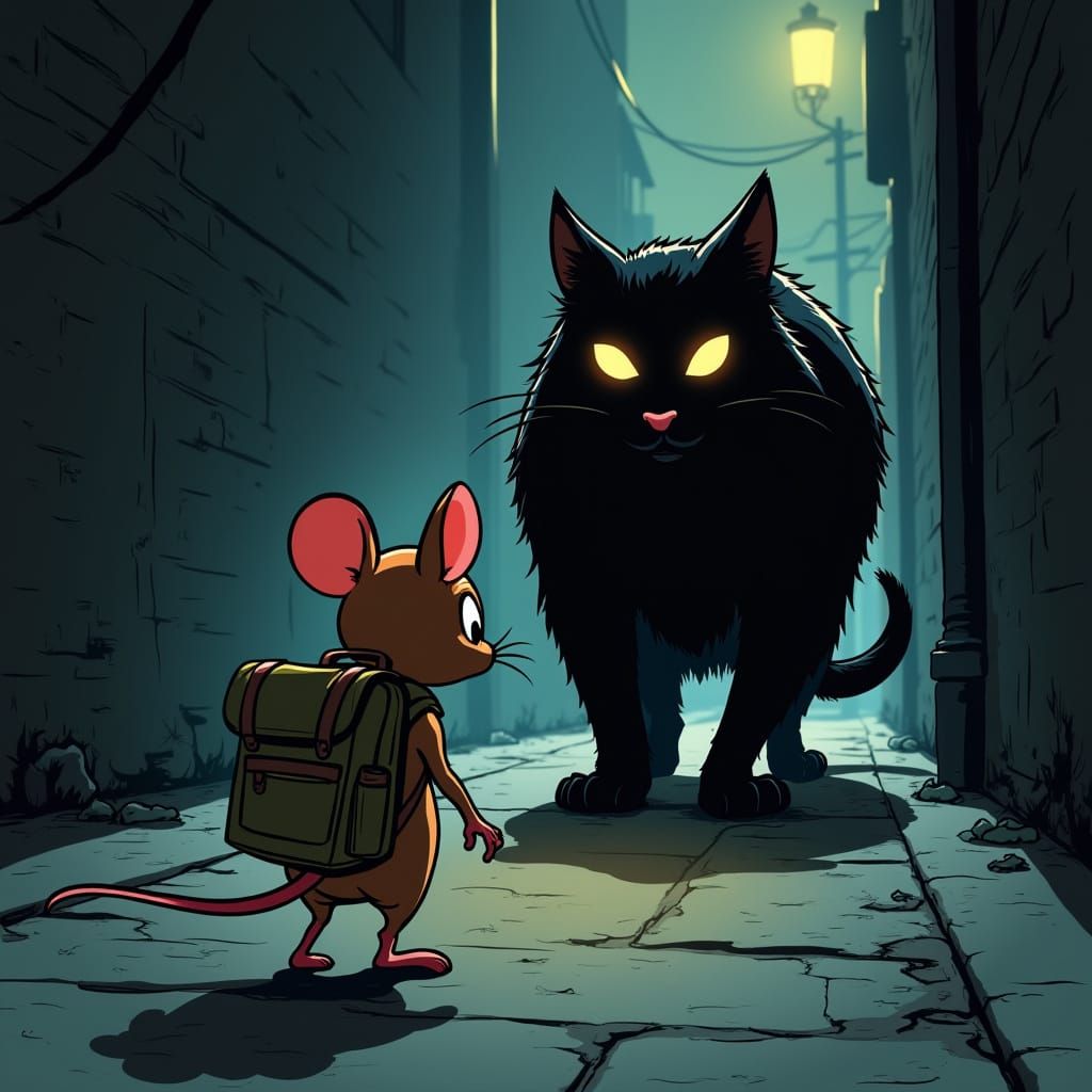 Frightened Mouse and Cat in Alley, Silver Age Comic Style