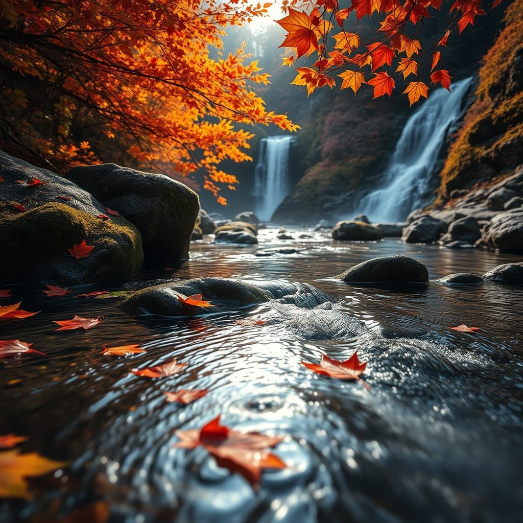 Hyperrealistic Autumn Mountain Stream with Waterfall