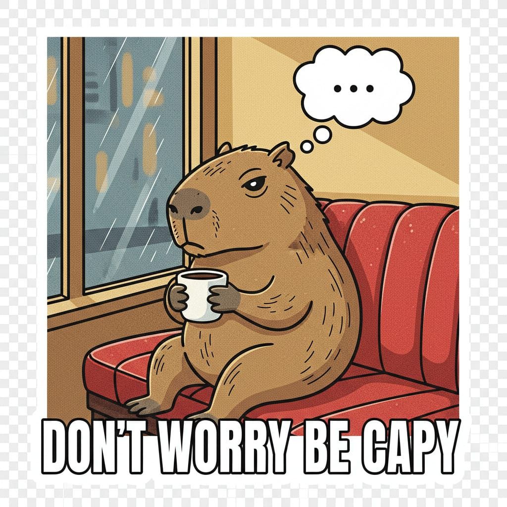 Cartoon Capybara Contemplates Coffee in Moody Diner