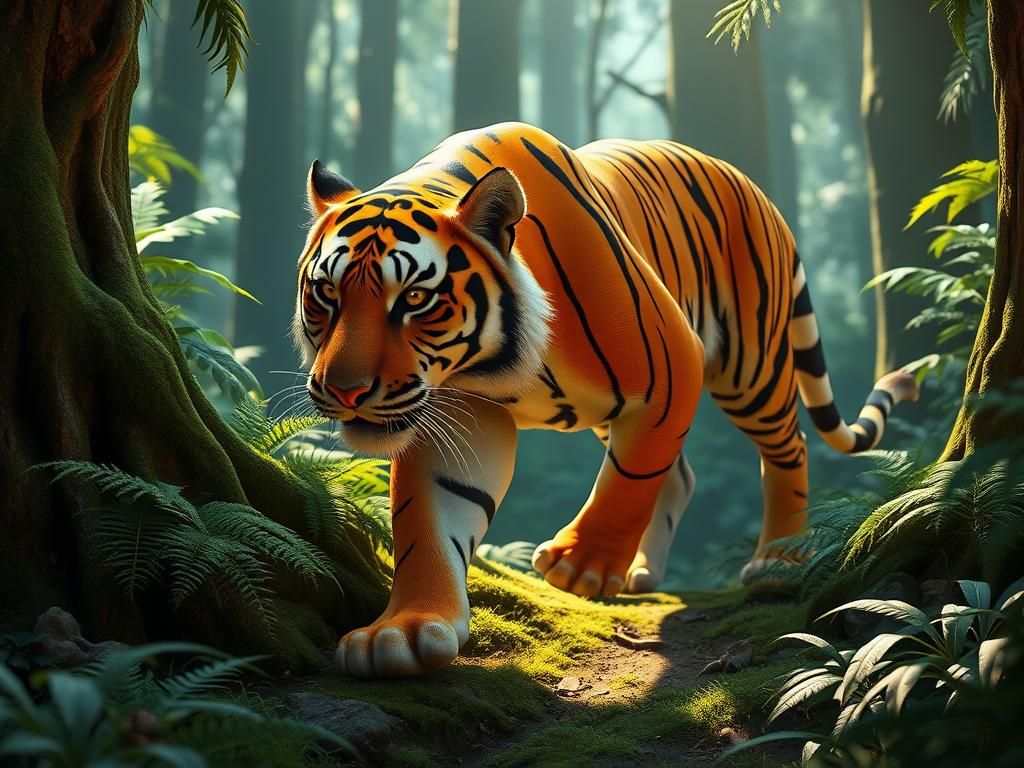 Majestic Tiger Ready to Pounce: 3D Rendered Scene