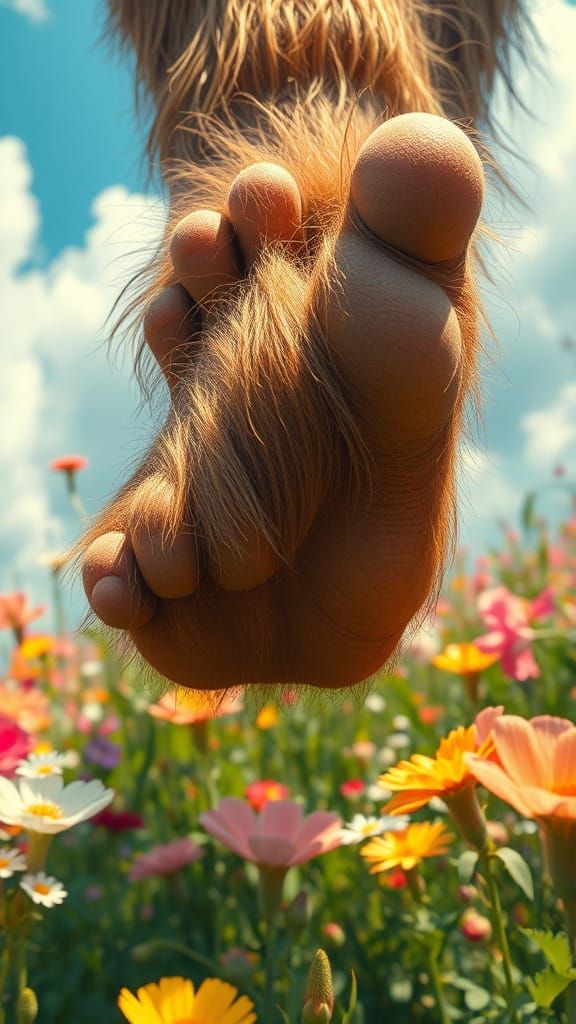 Giant Troll Foot in Flower Field as Oil Painting