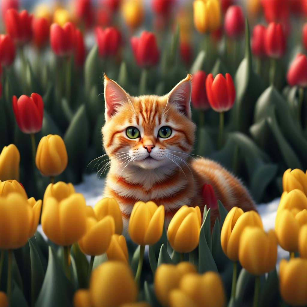 Macro Image: Cat in Snow-Covered Tulips