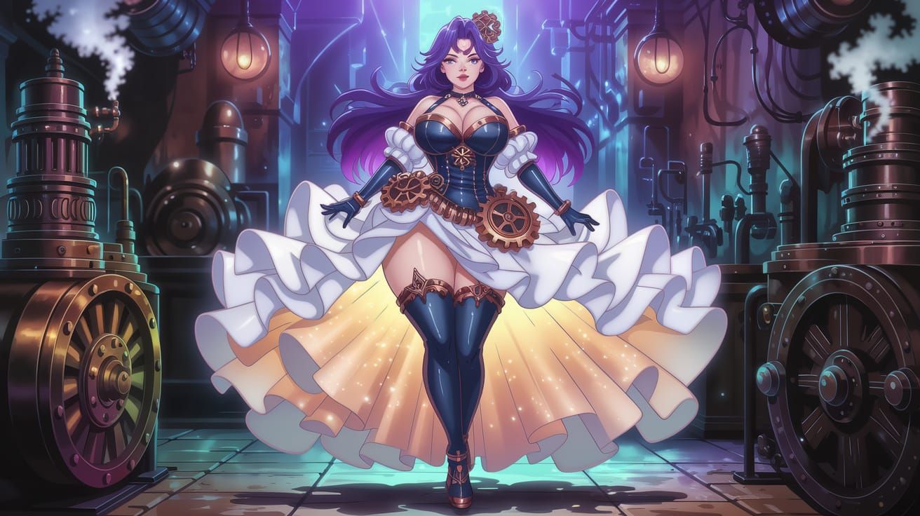 Glamorous Steampunk Magician in Vibrant Anime Style