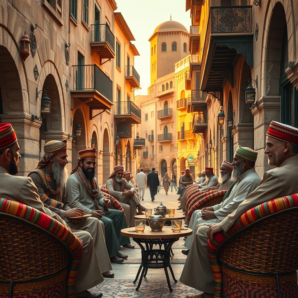 Timeless Egyptian Café Scene in Warm, Honey-Colored Light