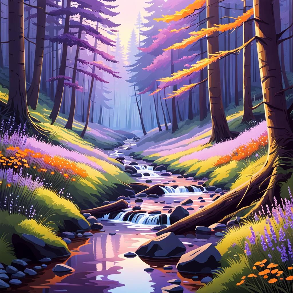 Creek Reflecting Twilight Colors in Forest