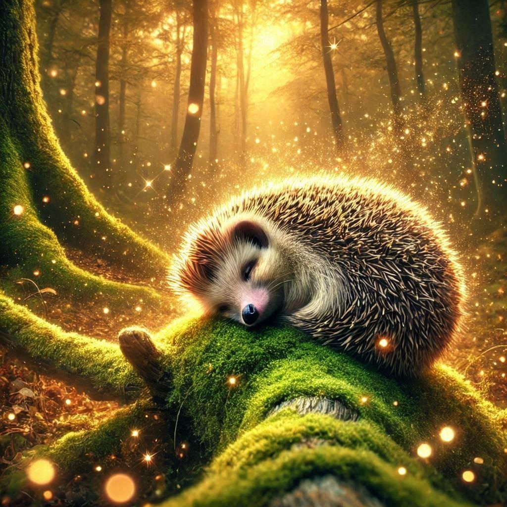 A little hedgehog sleeping in a mystical forest