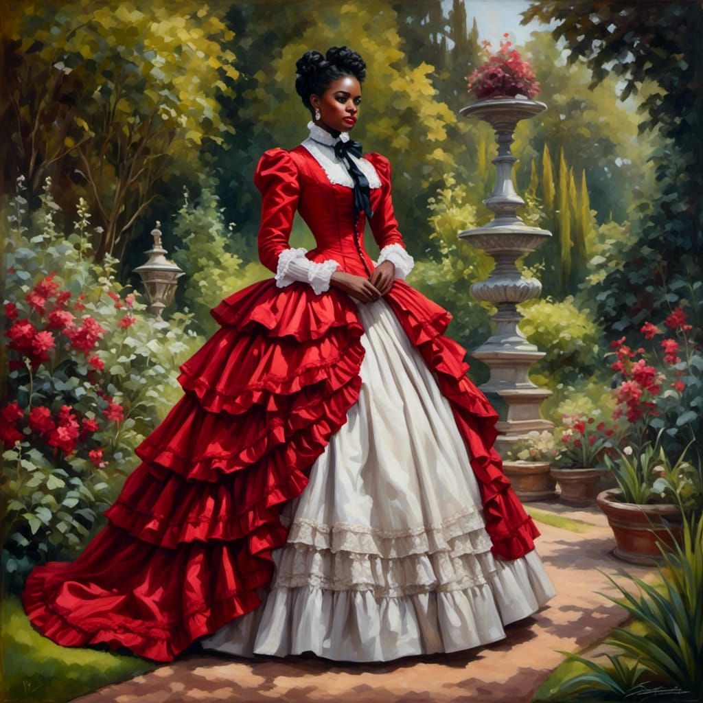 Playful Victorian Woman in Red Dress Portrait