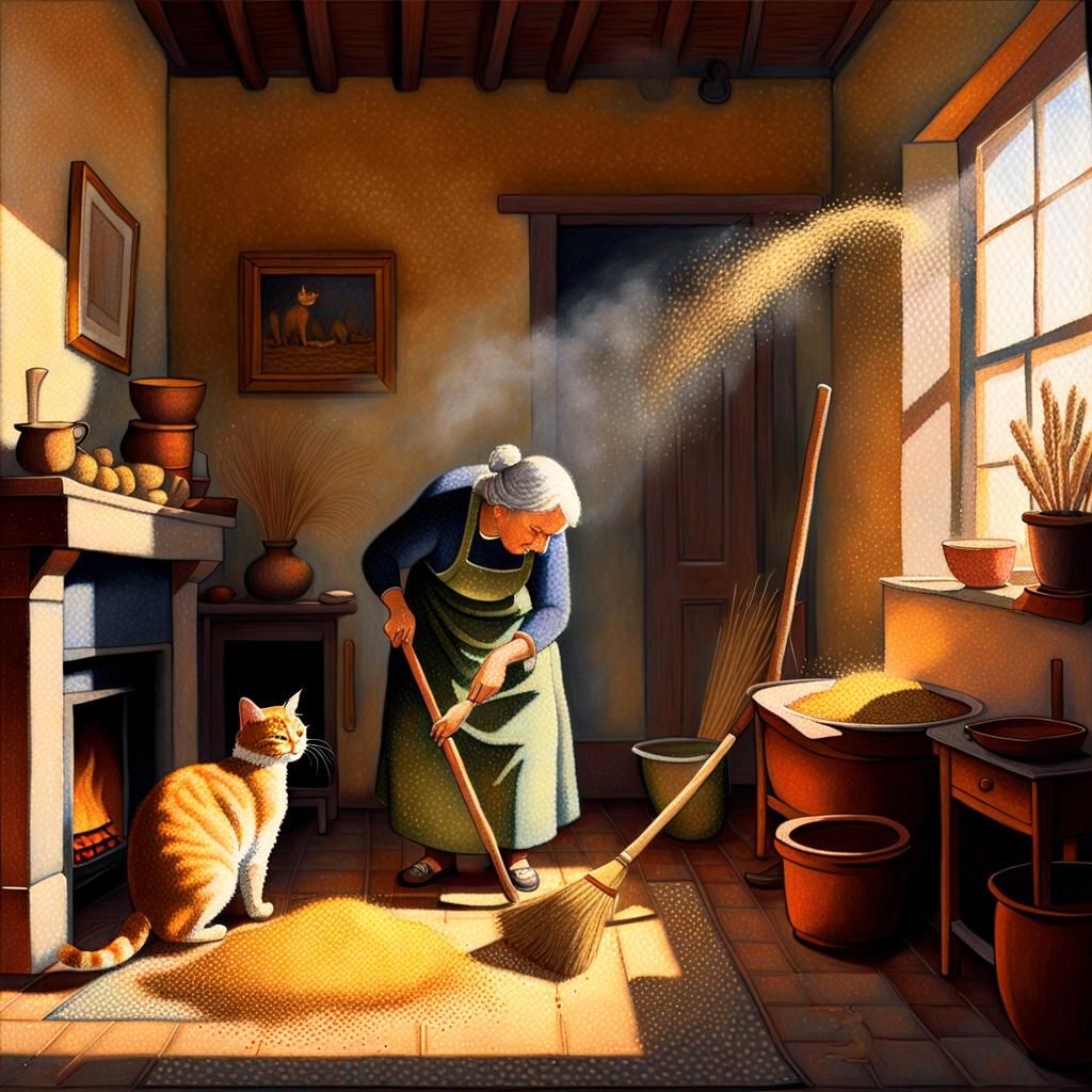 Warm Pointillist Painting of a Cozy Home Interior