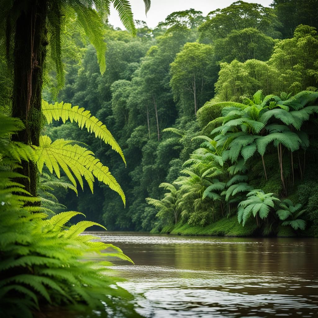 Lush Amazon River Ferns in Natural Light