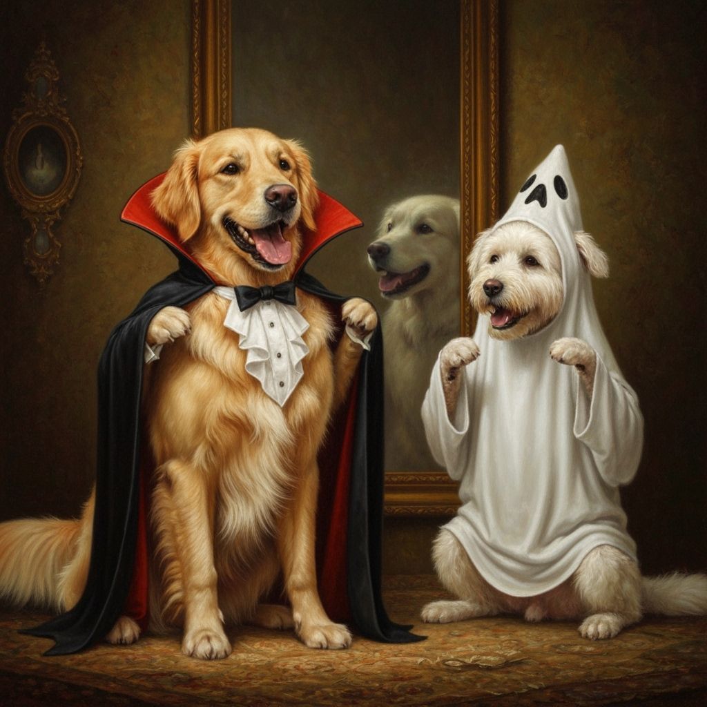 A dog trying on a vampire costume in front of a mirror while...