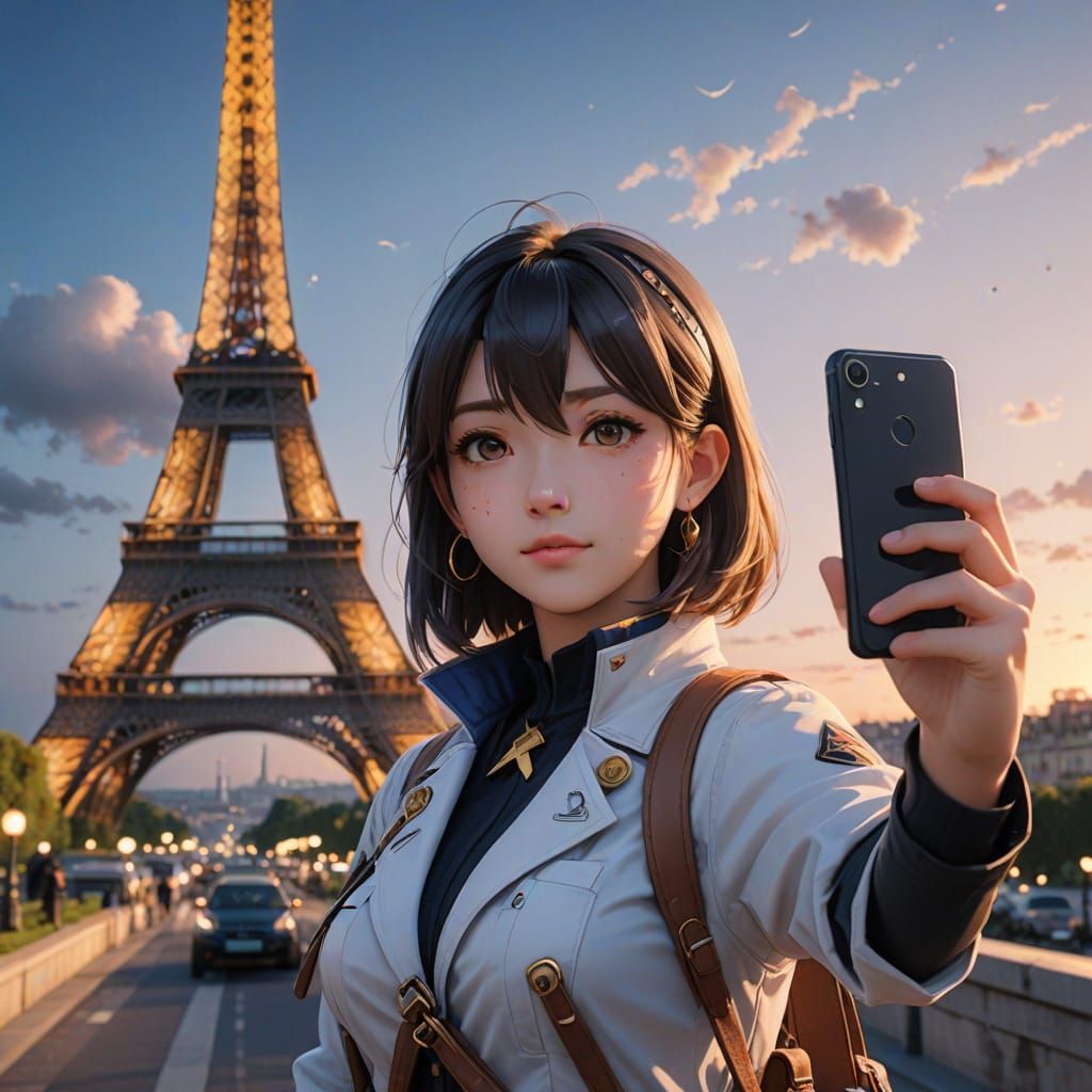 Robin Takes Selfie at Eiffel Tower in Anime Style