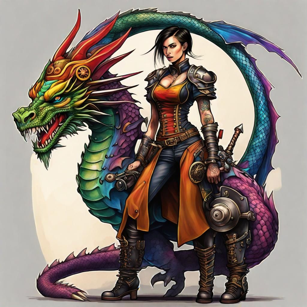Female Warrior with Dragon Companion in Steampunk Style