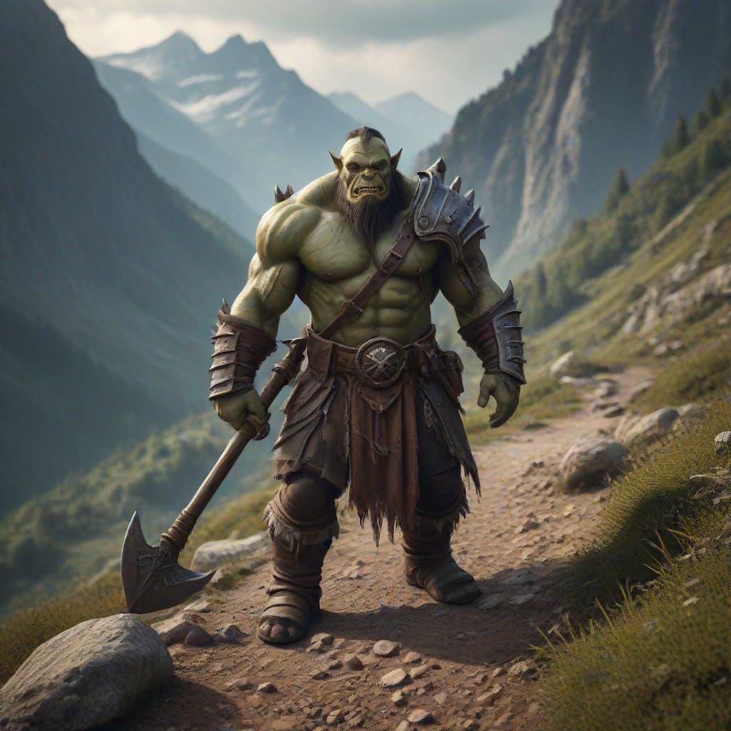 Medieval Fantasy Orc Blocks Mountain Trail in Armor with Gre...