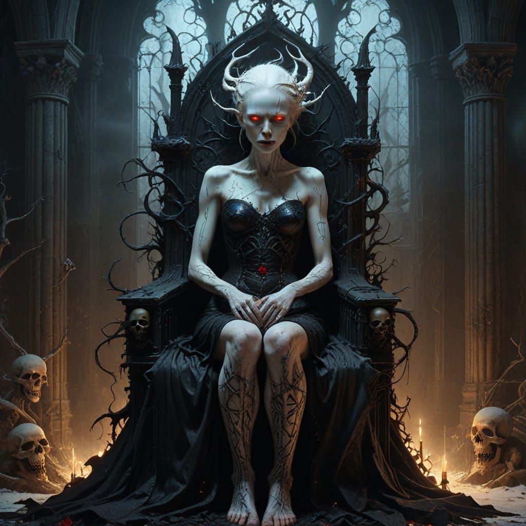 Albino Demoness on Skull Throne in Beksiński Style