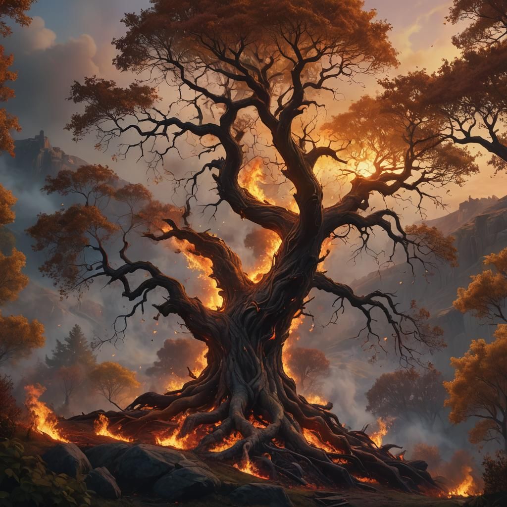 Fiery Fantasy Tree Concept Art in Golden Hour