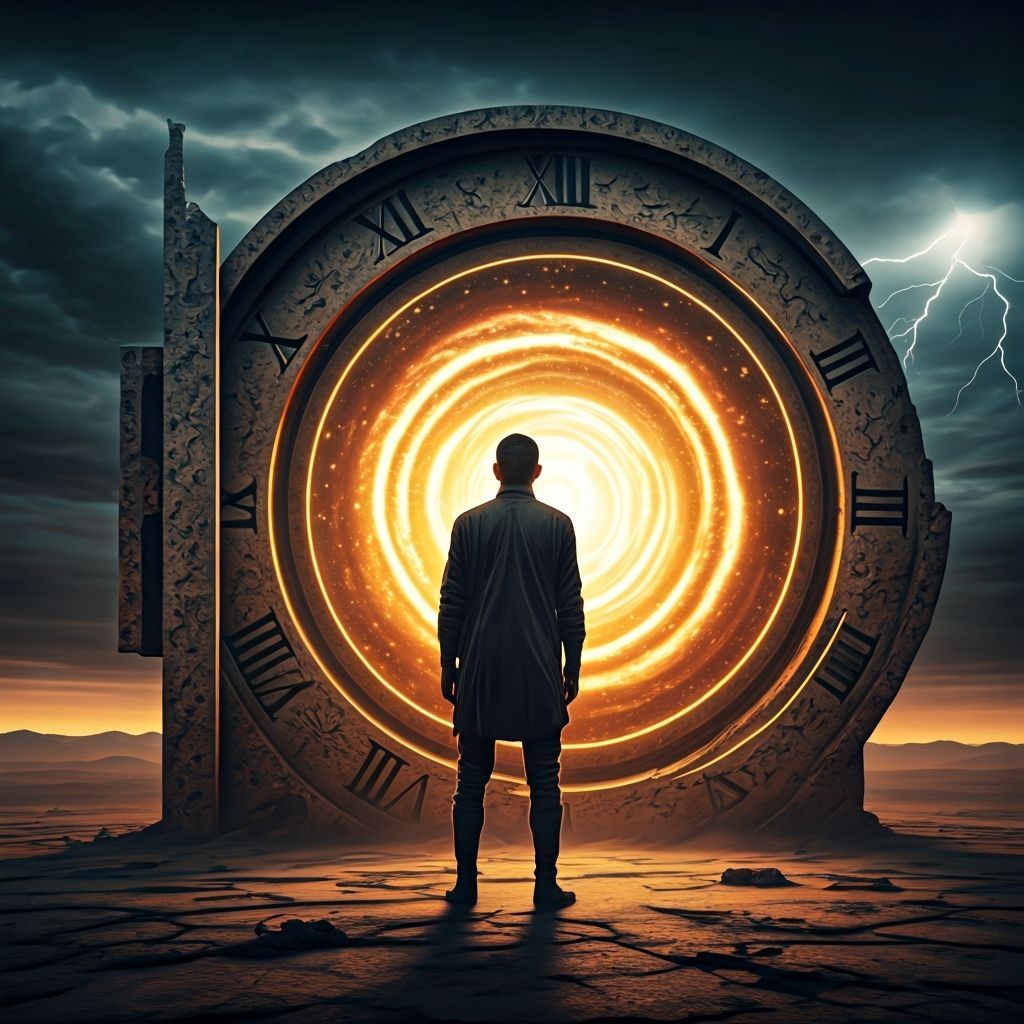 Time Traveler in Post-Apocalyptic Bauhaus Landscape