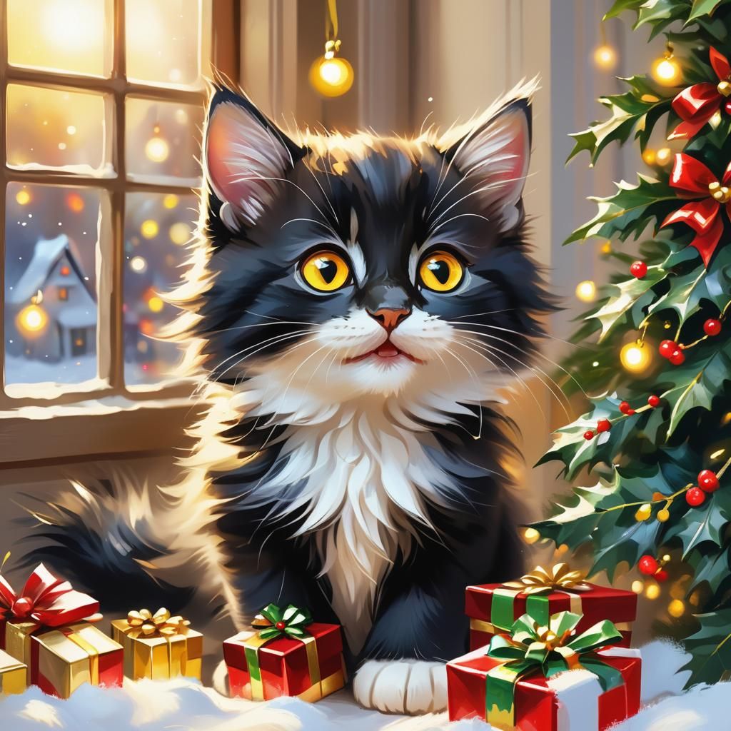 Festive Christmas Kitten Portrait in Digital Painting Style