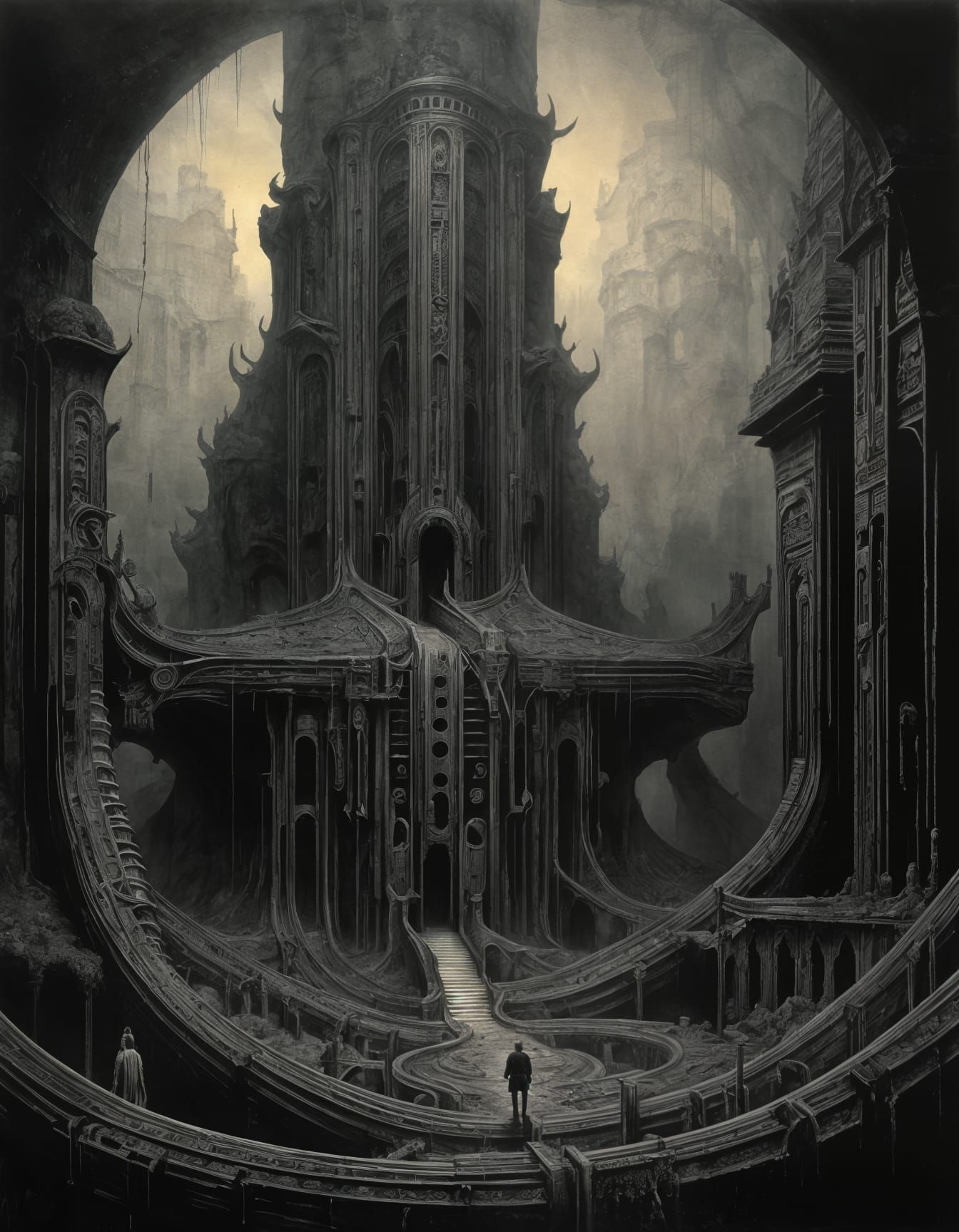 Surreal Dark Architecture Under Tentacled Menace