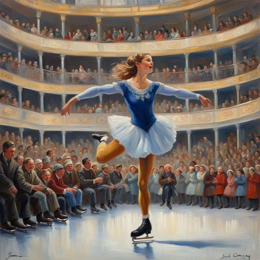 A young woman doing an ice-skating performance on an ice-skating in front of an audience