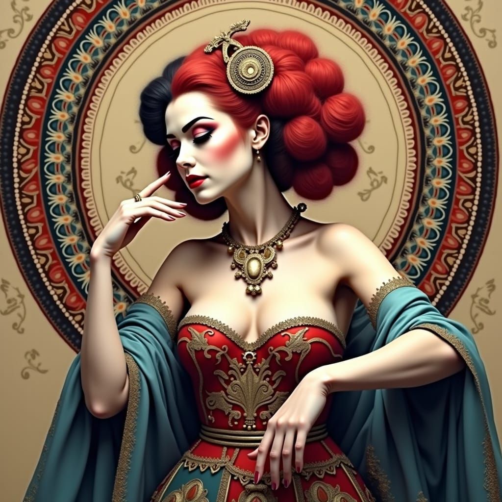 Tutankhamun as Geisha Harlequin in Red