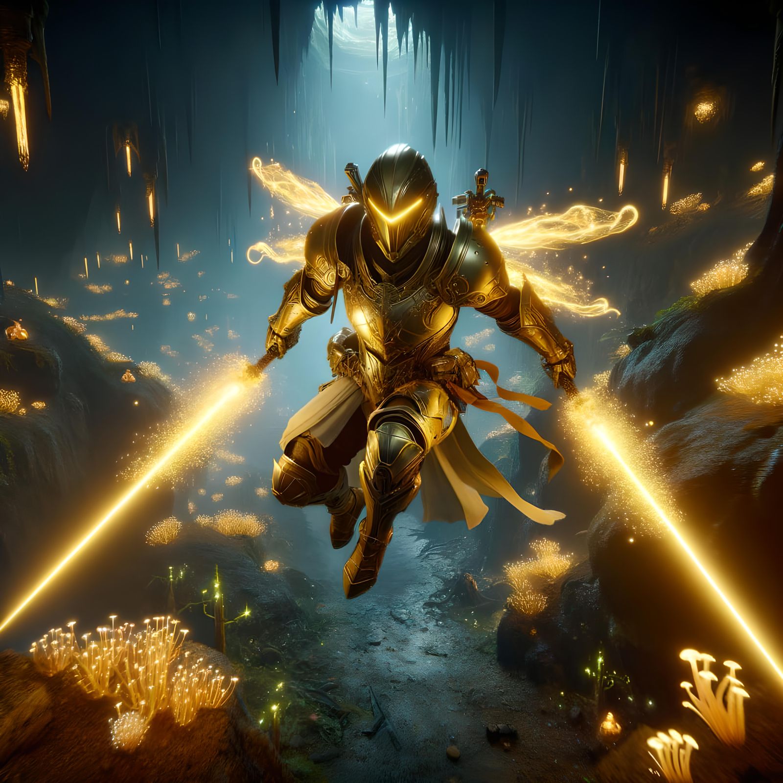 Golden Warrior in Bioluminescent Cave with Light Swords