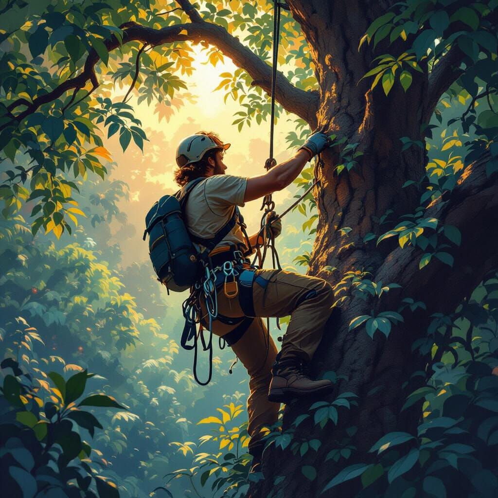 Arborist Climbing Tree in Lush Forest: Matte Painting