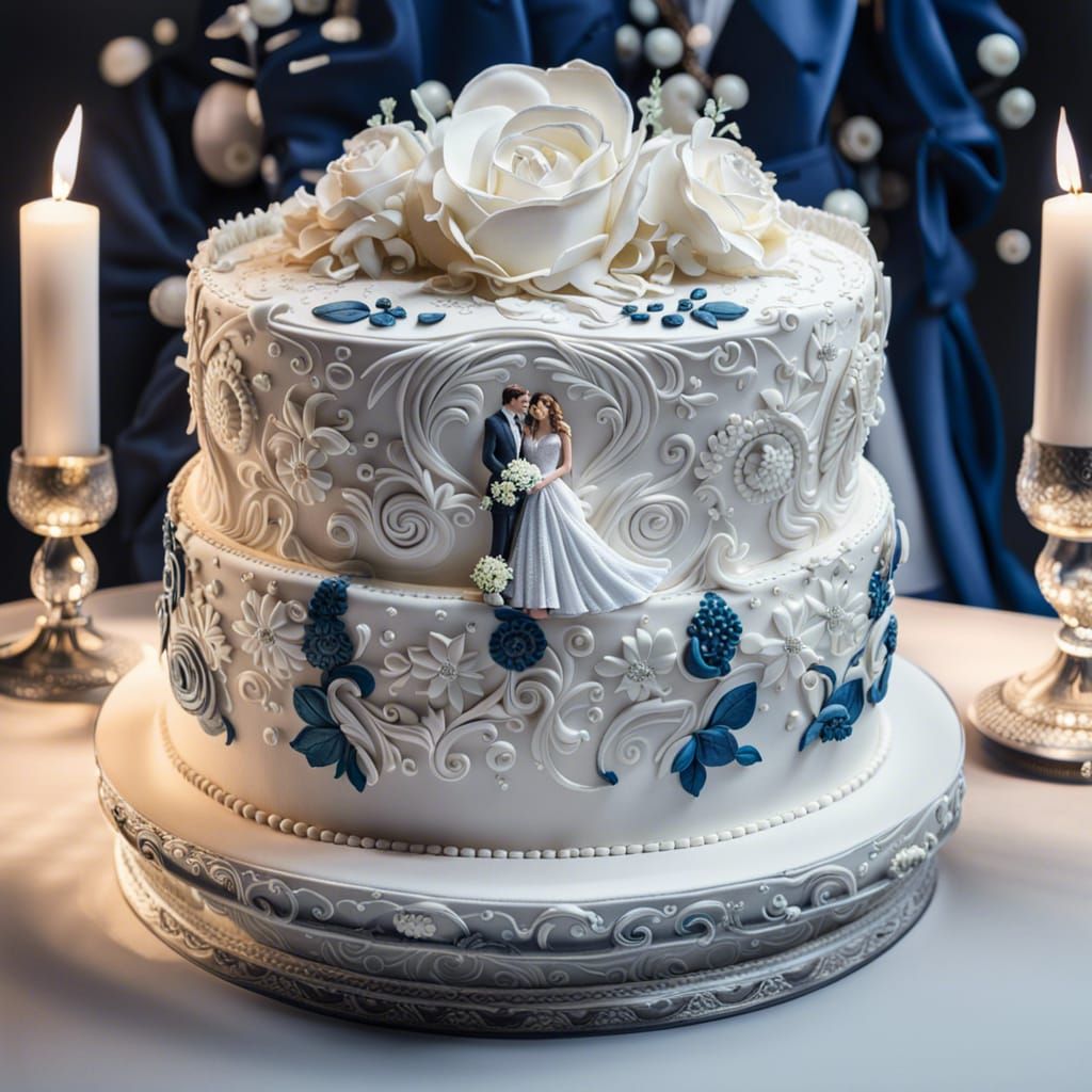 Detailed White and Blue Wedding Cake Masterpiece